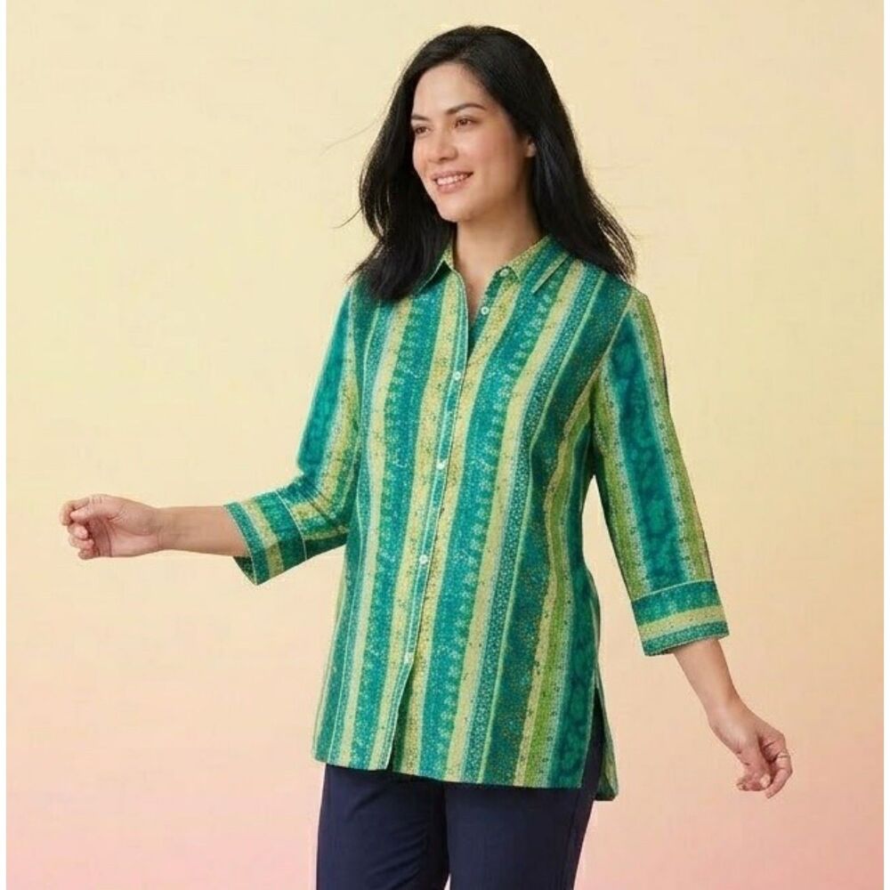 Vintage Koret Eyelet Cotton Blouse Sz. XL Batik Watercolor Artsy Print Untuck